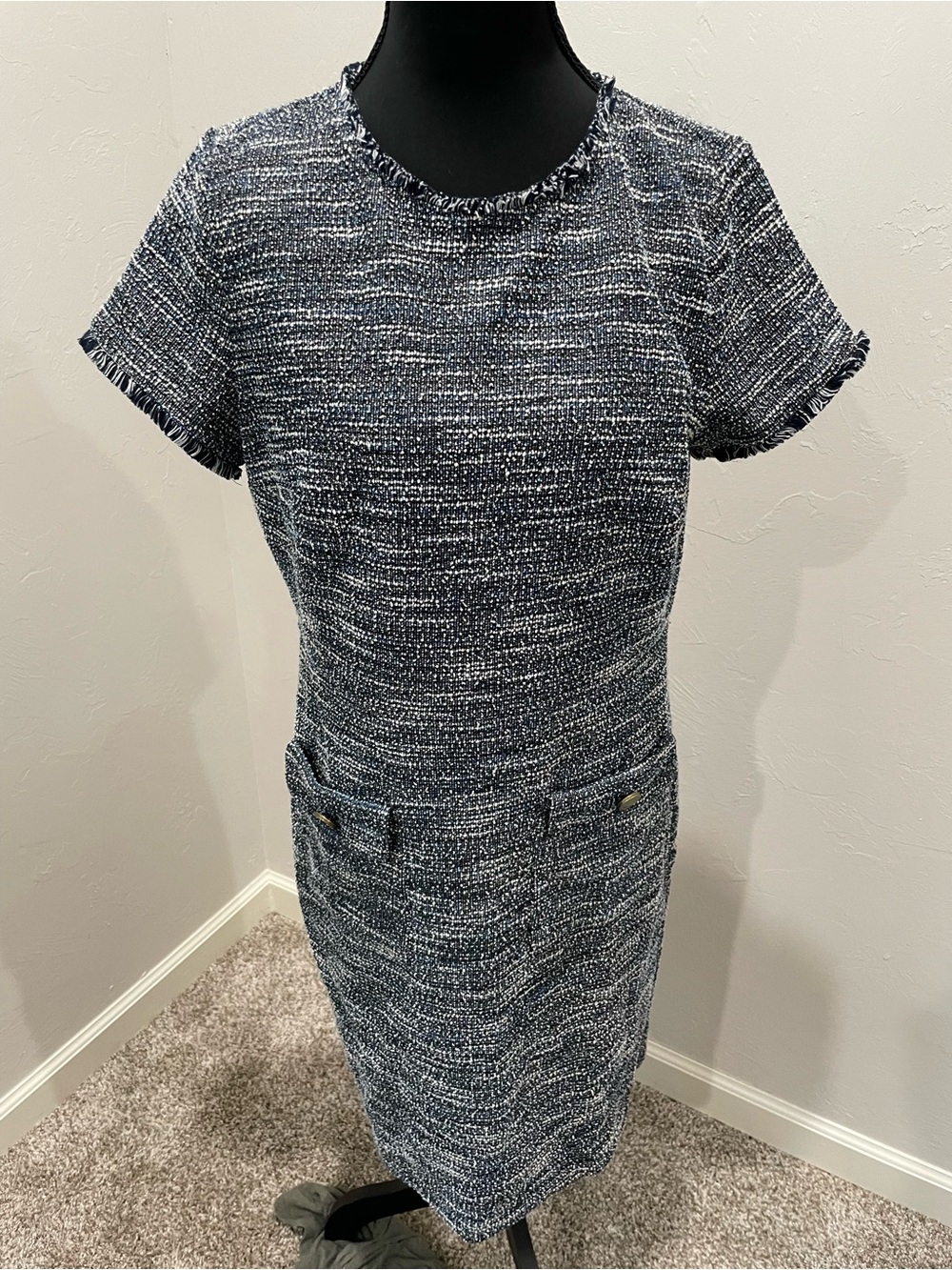 LOFT Navy Tweed Short-Sleeve Shift Dress
